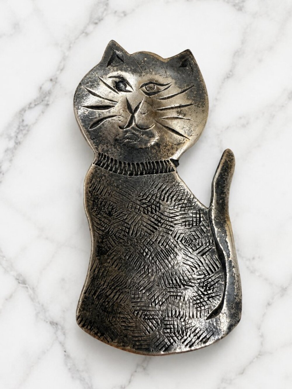 Vintage Sterling Silver Modernist Cat Brooch Artisan Signed 2.7g